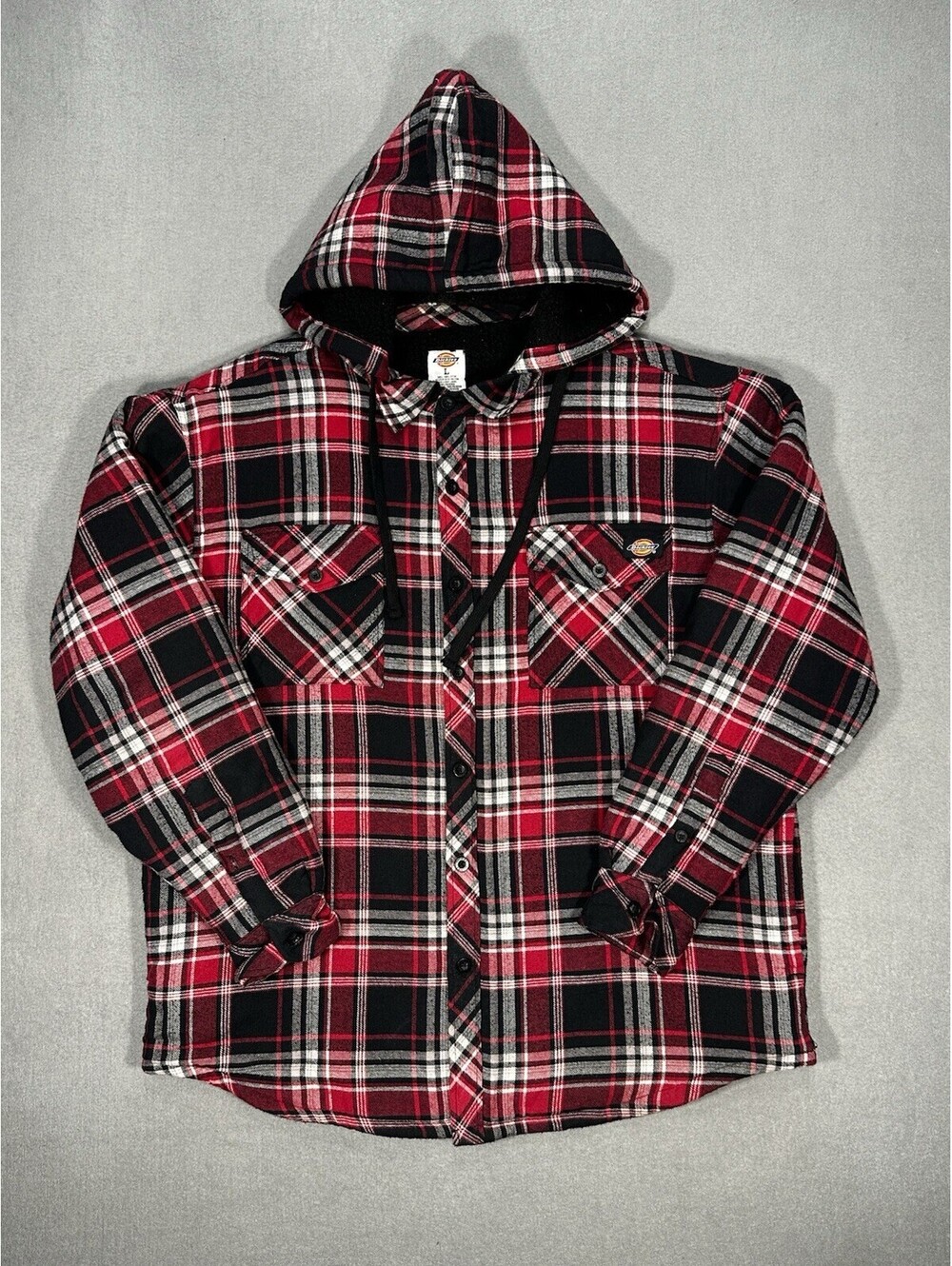 Dickies Hooded Flannel Jacket Mens Large Red Plaid Sherpa Lined Workwear